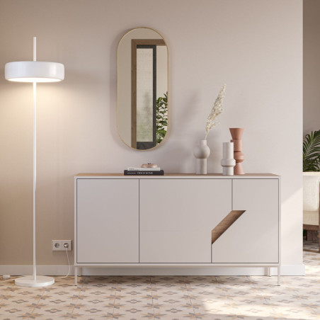 Buffet 3 portes en mélaminé beige et aspect bois avec découpe oblique - ANOUKOR