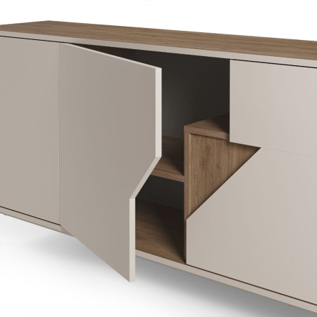Buffet 3 portes en mélaminé beige et aspect bois avec découpe oblique - ANOUKOR