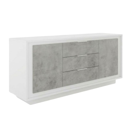 Buffet 2 portes 3 tiroirs blanc laqué aspect ciment - POLVIA