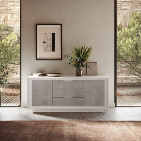 Buffet 2 portes 3 tiroirs blanc laqué aspect ciment - POLVIA