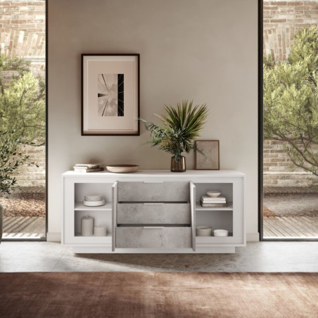 Buffet 2 portes 3 tiroirs blanc laqué aspect ciment - POLVIA