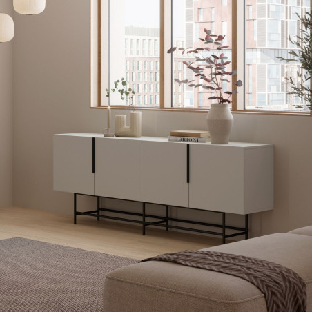 Buffet 4 portes en mélaminé beige et métal noir - ALDINOR