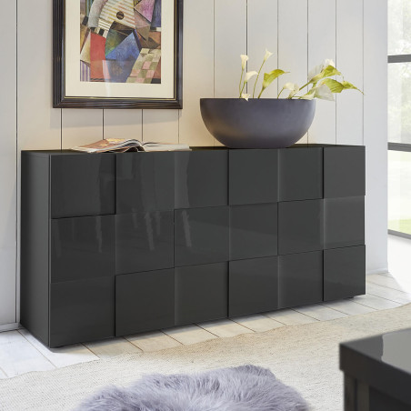 Buffet 3 portes laqué gris carbone relief damiers - REBENA