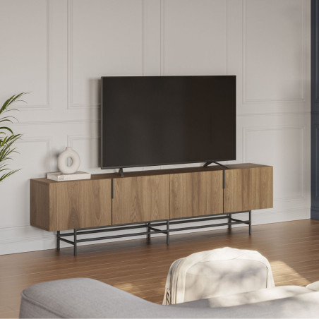 Meuble TV 4 portes en mélaminé aspect bois et métal noir mat - ALDINOR