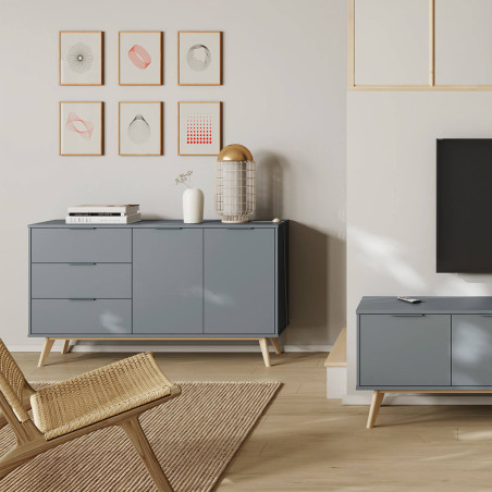Buffet 2 portes 3 tiroirs scandinave MDF et pin massif gris vert - CANEN