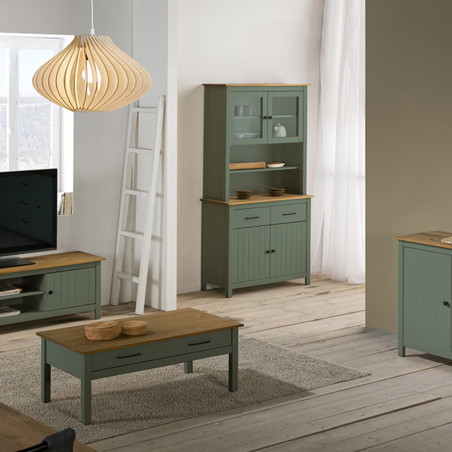 Buffet Haut 4 Portes 2 Tiroirs Bois Ciré Vert - TINIO