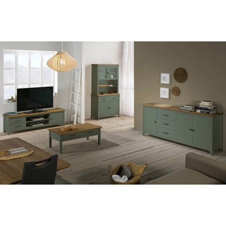 Buffet Haut 4 Portes 2 Tiroirs Bois Ciré Vert - TINIO