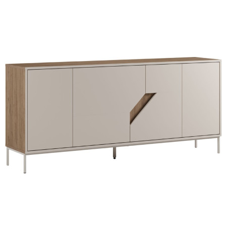 Buffet 4 portes mélaminé beige et aspect bois avec découpe graphique - ANOUKOR