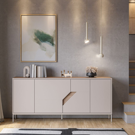 Buffet 4 portes mélaminé beige et aspect bois avec découpe graphique - ANOUKOR