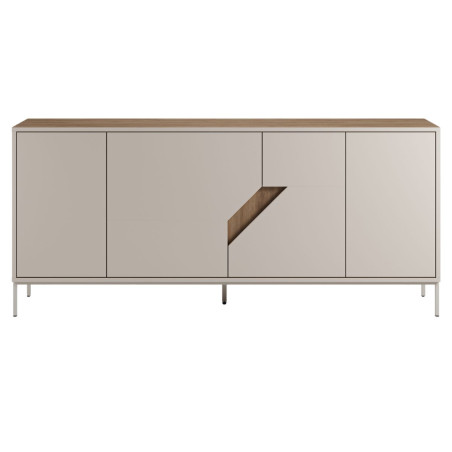Buffet 4 portes mélaminé beige et aspect bois avec découpe graphique - ANOUKOR