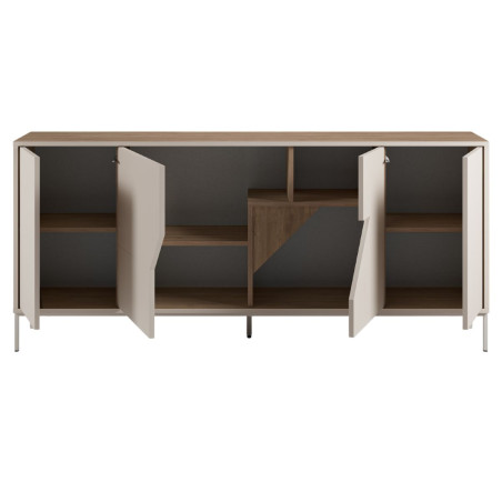 Buffet 4 portes mélaminé beige et aspect bois avec découpe graphique - ANOUKOR