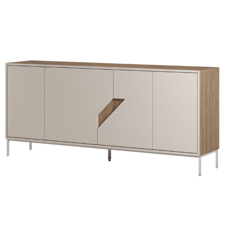 Buffet 4 portes mélaminé beige et aspect bois avec découpe graphique - ANOUKOR