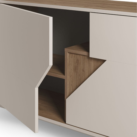 Buffet 4 portes mélaminé beige et aspect bois avec découpe graphique - ANOUKOR