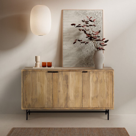 Buffet 3 portes en manguier relief graphique piètement métal noir - MELKOR