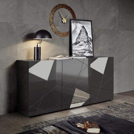 Buffet 3 portes gris carbone avec miroirs - ORINA