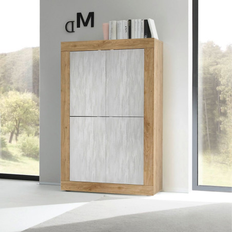 Rangement 4 portes aspect bois finition Cadiz façades blanc texturées - OTELIA