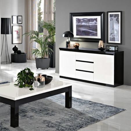 Buffet 2 Portes 3 Tiroirs Laqué Noir et Blanc Brillant - DEYTA