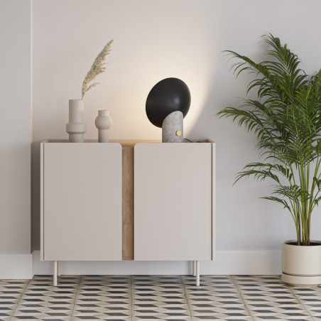 Rangement 2 portes mélaminé beige et aspect bois avec découpe bandeau - LIWENNOR