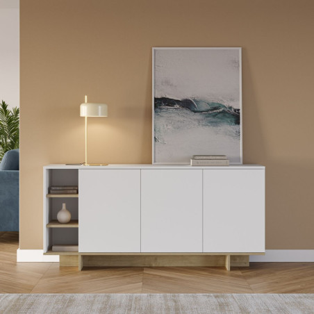 Buffet 3 portes 3 niches 170 cm blanc et effet bois - ESQUISSOR