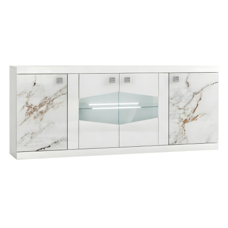 Buffet 4 portes avec leds laqué blanc et imitation marbre - ETOLISOR