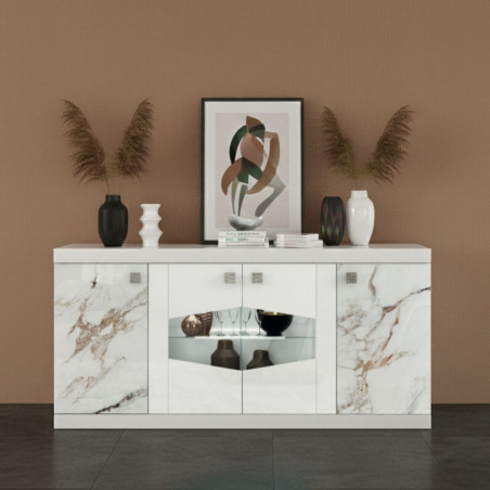 Buffet 4 portes avec leds laqué blanc et imitation marbre - ETOLISOR