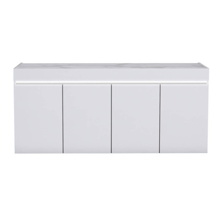 Buffet 4 Portes Laqué Blanc Brillant Plateau Imitation Marbre avec Led - CHRISA