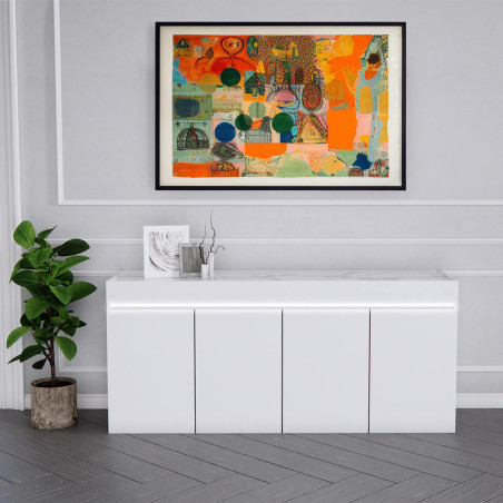 Buffet 4 Portes Laqué Blanc Brillant Plateau Imitation Marbre avec Led - CHRISA
