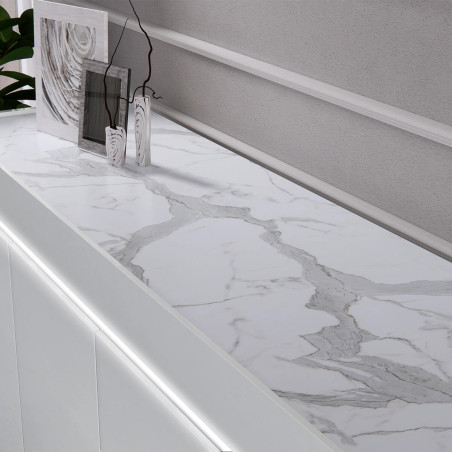 Buffet 4 Portes Laqué Blanc Brillant Plateau Imitation Marbre avec Led - CHRISA