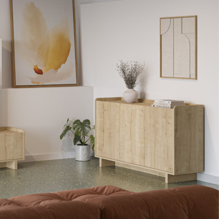 Buffet 3 portes en mélaminé imitation bois à décor relief fraisé - RIADOR