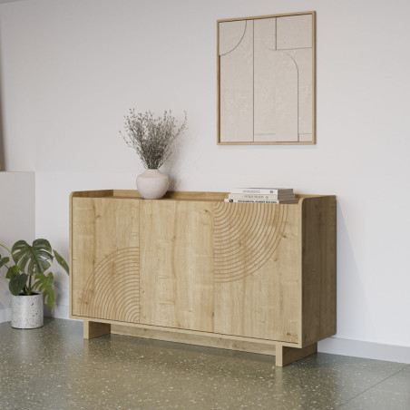 Buffet 3 portes en mélaminé imitation bois à décor relief fraisé - RIADOR