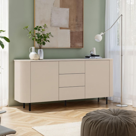 Buffet 2 portes 3 tiroirs beige laqué coins arrondis pieds métal noir - LYNOR