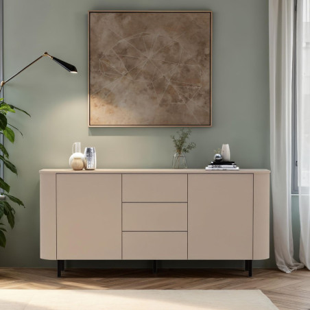 Buffet 2 portes 3 tiroirs beige laqué coins arrondis pieds métal noir - LYNOR