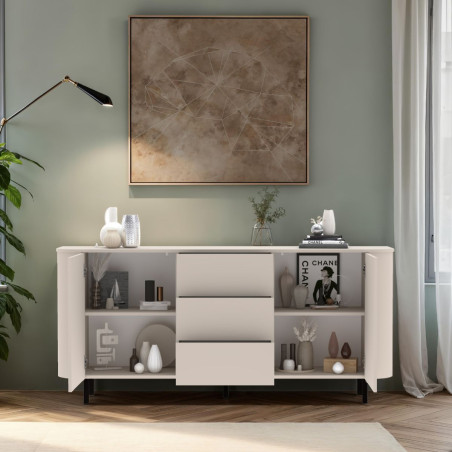 Buffet 2 portes 3 tiroirs beige laqué coins arrondis pieds métal noir - LYNOR