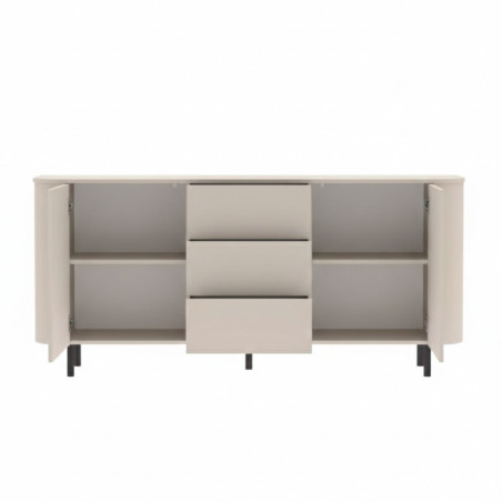Buffet 2 portes 3 tiroirs beige laqué coins arrondis pieds métal noir - LYNOR