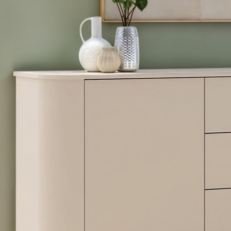 Buffet 2 portes 3 tiroirs beige laqué coins arrondis pieds métal noir - LYNOR