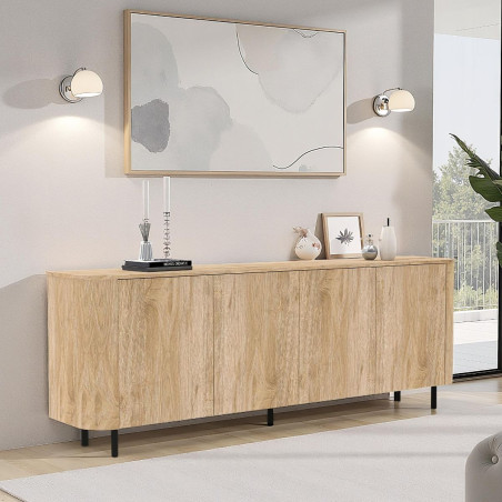 Buffet 4 portes aspect bois coins arrondis pieds métal noir - VIVARINOR
