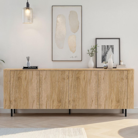 Buffet 4 portes aspect bois coins arrondis pieds métal noir - VIVARINOR