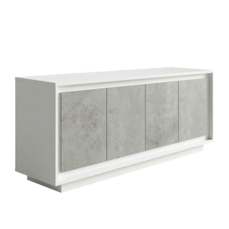 Buffet 4 portes blanc laqué façades aspect ciment socle - POLVIA