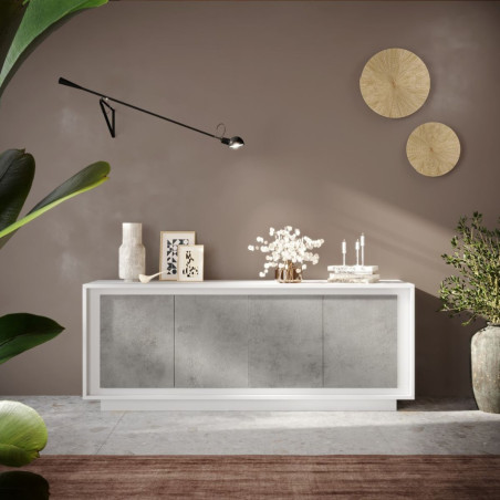 Buffet 4 portes blanc laqué façades aspect ciment socle - POLVIA