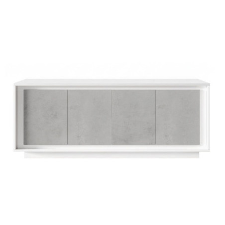 Buffet 4 portes blanc laqué façades aspect ciment socle - POLVIA