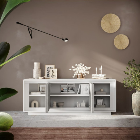 Buffet 4 portes blanc laqué façades aspect ciment socle - POLVIA