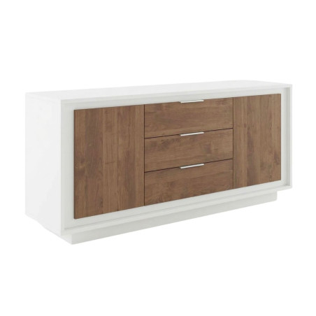 Buffet blanc laqué 2 portes 3 tiroirs façades bois - POLVIA