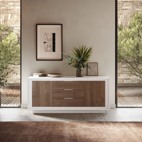 Buffet blanc laqué 2 portes 3 tiroirs façades bois - POLVIA