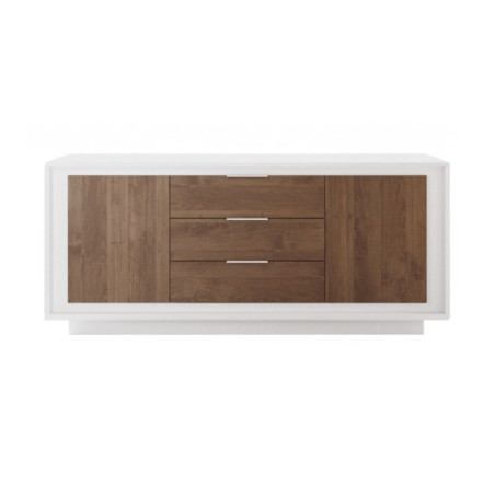 Buffet blanc laqué 2 portes 3 tiroirs façades bois - POLVIA