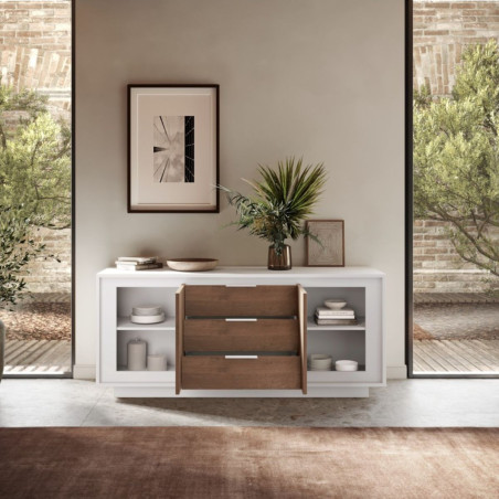 Buffet blanc laqué 2 portes 3 tiroirs façades bois - POLVIA