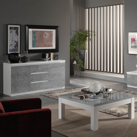 Buffet 2 portes 3 tiroirs laqué blanc et gris marbré - DEYTA