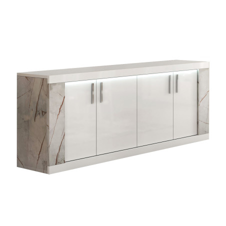 Buffet 4 portes blanc avec éclairage LED et décor marbre - EROSA