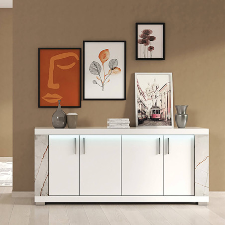 Buffet 4 portes blanc avec éclairage LED et décor marbre - EROSA