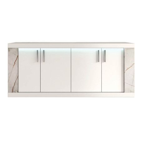 Buffet 4 portes blanc avec éclairage LED et décor marbre - EROSA