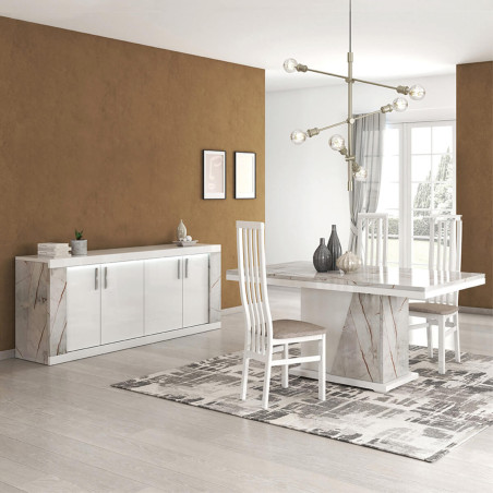 Buffet 4 portes blanc avec éclairage LED et décor marbre - EROSA